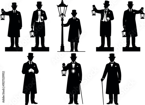 Victorian gentleman silhouette collection holding lanterns and canes, vintage 19th century men characters for history, classic fashion, old street lighting and retro illustration concepts