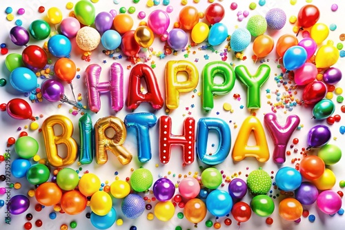 Happy birthday balloons spelling letters, colorful festive celebration with confetti