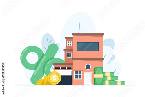 Flat vector of real estate investment concept, showing residential properties, financial growth, and economy, ideal for housing market and finance illustrations.