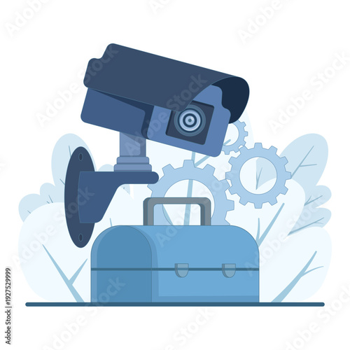 CCTV installation concept vector, installing surveillance camera, security alarm bell, toolbox equipment, monitoring system service, flat design illustration.