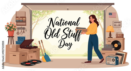 A woman in a garage holding a box on National Old Stuff Day with various items and a broom around her.