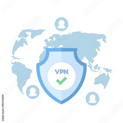 Illustration of using VPN for secure internet connection, showing encrypted network, safe browsing, digital privacy, and protected data in a modern cybersecurity context.