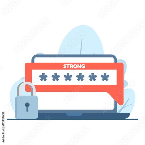 Illustration of strong password security, featuring secure login, encryption, icons and protected digital accounts to ensure cybersecurity and online data protection.