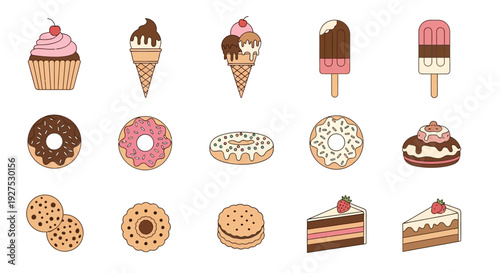 Assortment of sweet desserts and treats including cupcakes ice cream donuts and cake