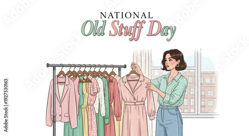 A woman in a green shirt and blue jeans organizes clothes on a rack for National Old Stuff Day with a city view background.
