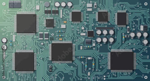 Detailed view of a complex electronic circuit board with various components.