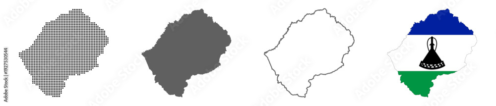 Obraz premium Lesotho country map vector set with dotted pattern solid silhouette outline and national flag illustration