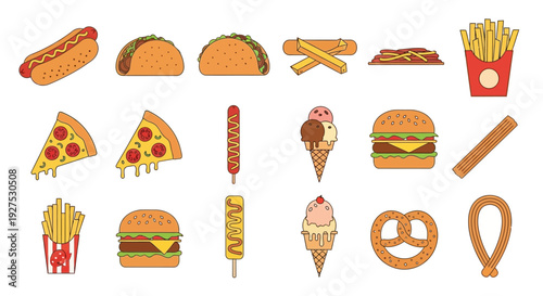 Assortment of various fast food icons on white background for design elements