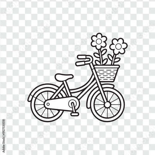Springtime Bike Ride An outlined depiction of a classic bicycle, its basket adorned with vibrant blooms, set against a transparent background evoking a sense of carefree joy and seasonal freshness.