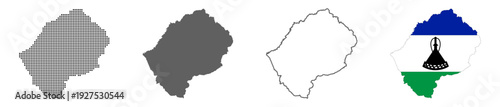 Lesotho country map vector set with dotted pattern solid silhouette outline and national flag illustration