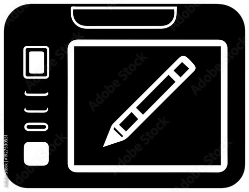 Clean white digital graphic drawing tablet and stylus icon with rounded corners on a solid black background representing digital art creation tools and electronic design