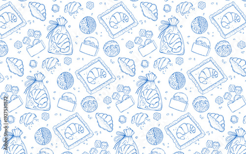 Bakery line art Seamless Pattern with croissants, waffles and pastries, hand drawn bakery food outline vector background