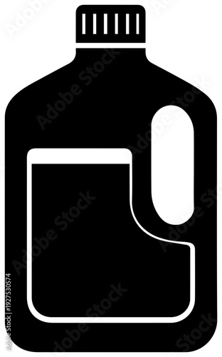 Simple black filled icon representing a large plastic bottle with a handle containing liquid suitable for dishwashing detergent or cleaning solutions isolated on a white