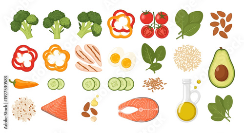 Healthy food assortment vegetables fruits proteins and oils on white background