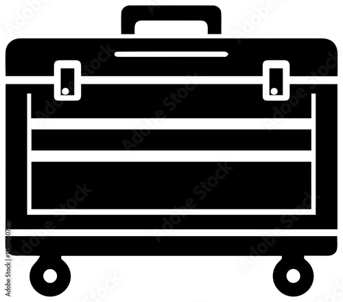 Robust black silhouette of a large wheeled mechanic's toolbox featuring a sturdy handle and secure latches representing professional repair and maintenance ideal for automotive