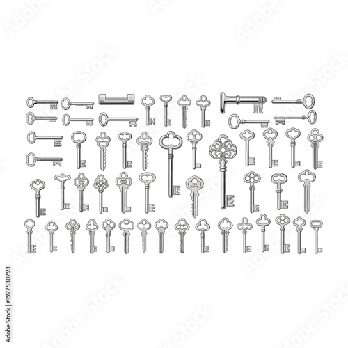 Hand Drawn Antique Key Collection for Vintage and Mystery Designs