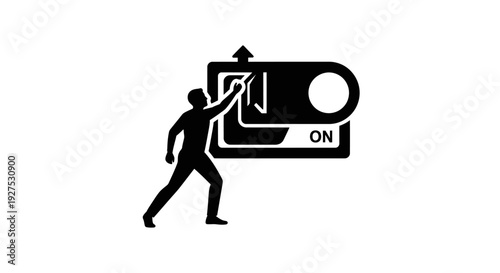 Businessman Activating Power Switch Concept Illustration Showing Human Figure Turning On Toggle Button in Bold Black Vector Silhouette Style for Startup Launch and Innovation Idea
