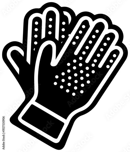 Black filled icon vector graphic representing a pair of rubber cleaning gloves with textured grip dots on the palms and fingers isolated on a clean white background symbolizing