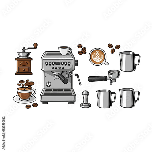 Coffee Preparation Kit Illustrations: Espresso Machine & Tools