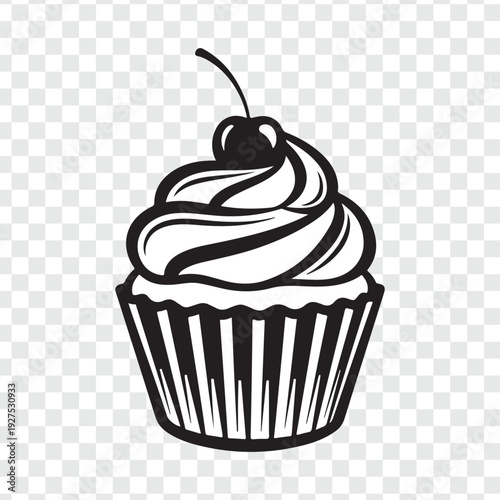 A meticulously crafted monochrome illustration of a cupcake, crowned with swirls of frosting and a single cherry, epitomizes the joy of a treat.