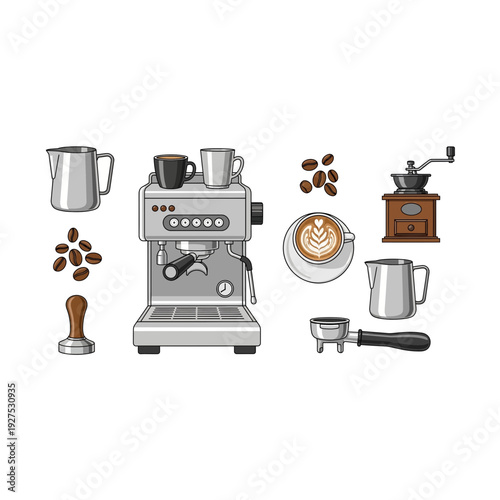 Espresso Coffee Maker Accessories Set: Barista Equipment Illustrations