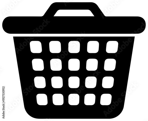 Solid black filled icon representing a classic plastic laundry basket with open weave design and carrying handles isolated on a clean white background symbolizing household chores