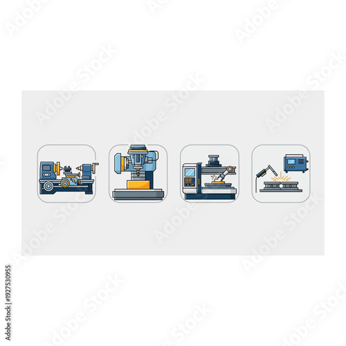 Industrial Manufacturing and Automation Machinery Icons Set - Flat Pixel Art Sty