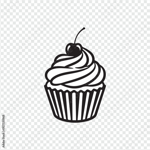 A meticulously crafted illustration of a delectable cupcake, crowned with a luscious swirl of frosting and a single, perfectly placed cherry.