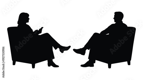 Silhouette of two people sitting in chairs talking isolated on white background, Vector