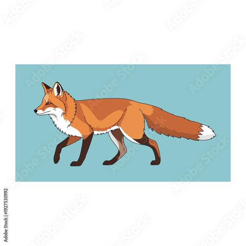 Red Fox Walking on Blue Background - Flat Pixel Art Animal Illustration