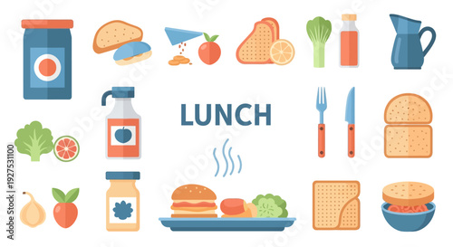 Illustrated lunch elements featuring various food items and tableware on a white background