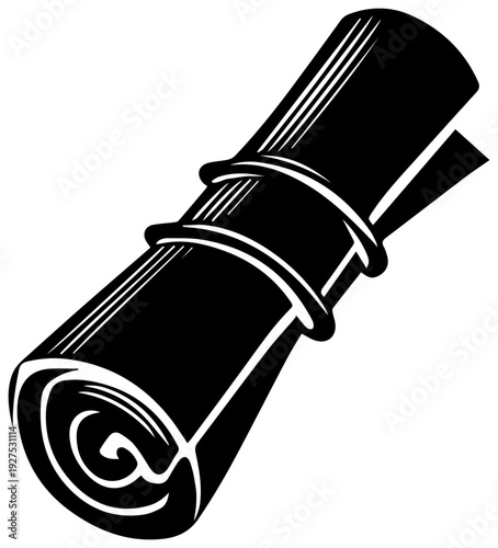 Black filled silhouette icon of a tightly rolled bamboo scroll tied with thin bands symbolizing ancient documents traditional art or historical records isolated on a clean white