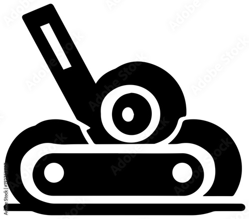 Sleek black filled icon representing a rolling mechanics floor jack with a robust hydraulic arm and sturdy wheels symbolizing automotive repair garage equipment and heavy duty