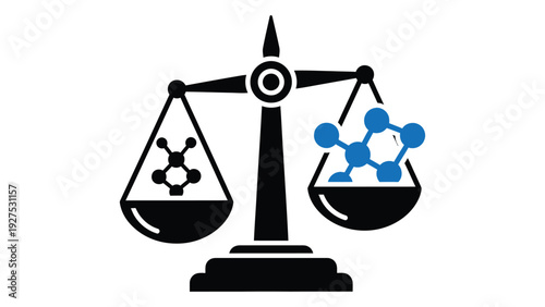 A black and white image of a scales with molecular structures on each side isolated on white background, Vector