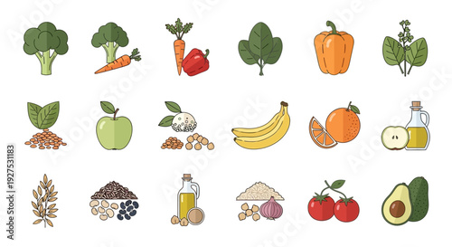 Colorful healthy food illustration featuring various fruits vegetables and seeds