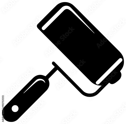 Simple black filled silhouette icon of a sticky lint roller with a handle isolated on a clean white background representing household cleaning and garment care tools for everyday