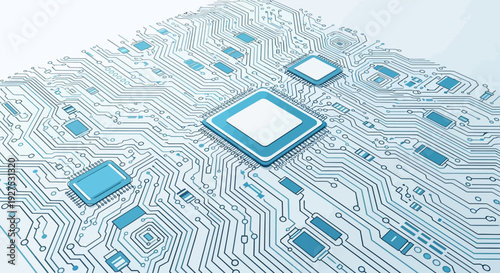 Blue and white computer motherboard with microchip components.