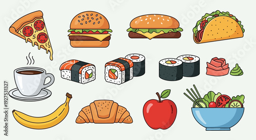 Assorted international fast food and breakfast items illustration.