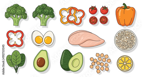 Assortment of fresh produce and proteins healthy eating isolated on white