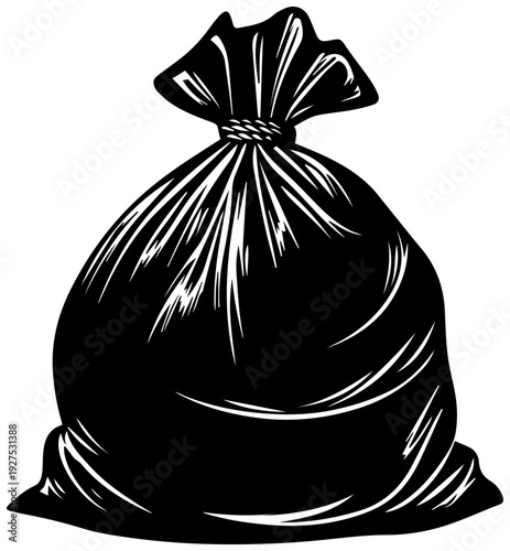 Black filled icon of a tied plastic garbage bag symbolizing waste disposal recycling and environmental cleanup isolated on a clean white background with clear lighting