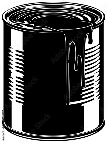 Glossy black metal tin can overflowing with dark viscous liquid dripping down the sides symbolizing industrial chemicals solvents or paint rendered in a clean bold graphic style