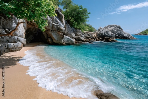 Sandy beach with clear turquoise water and cliff cave