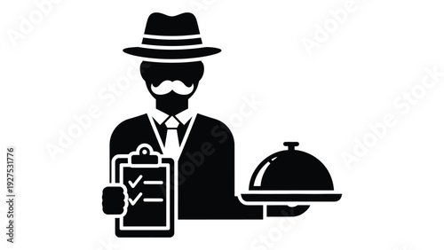 A waiter holding a clipboard and a covered dish isolated on white background, Vector