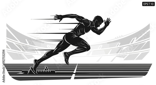 Dynamic male athlete sprinting on a track with motion blur effect.