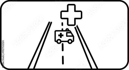 Emergency Medical Road Sign Illustration Featuring Ambulance Cross Symbol and Highway Lane Markings in Minimal Black and White Vector Design for Traffic Safety Awareness
