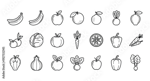 Collection of minimalist black and white vector icons representing various fresh fruits, vegetables, and nuts