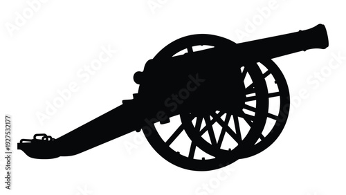 A black silhouette of an old cannon on wheels isolated on white background, Vector