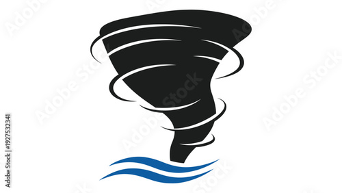 A black and blue illustration of a tornado over water isolated on white background, Vector