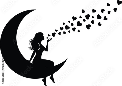 Silhouette woman sitting on crescent moon, blowing hearts, romantic fantasy illustration, graceful pose, love symbolism, dreamy artistic design