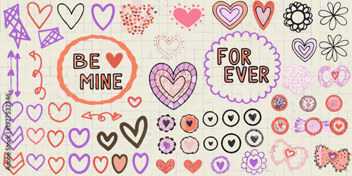 A colorful collection of hand drawn hearts and romantic doodles on lined paper